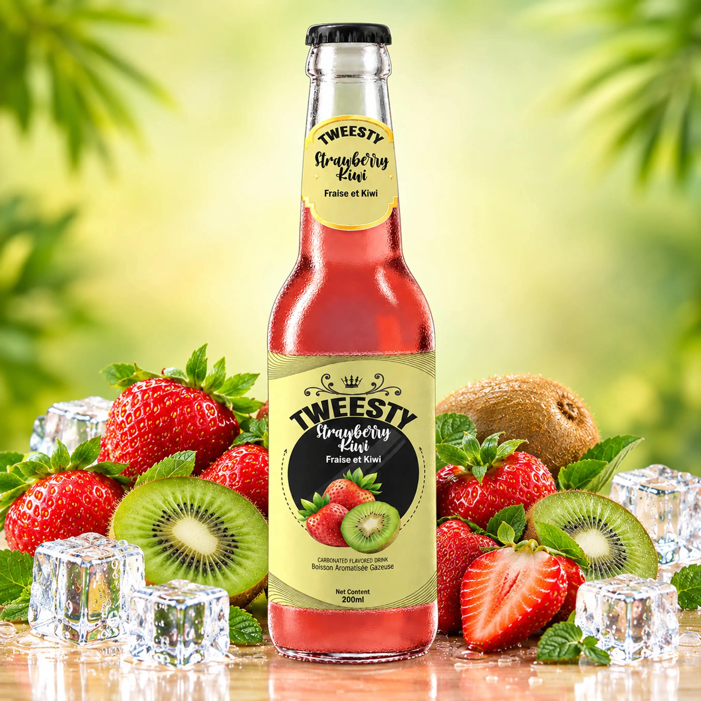 TWEESTY Strawberry Kiwi carbonated flavoured drink 200ml glass bottle with fresh strawberries, kiwi and ice